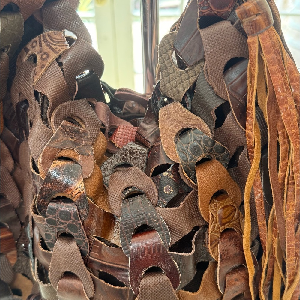 Woven Leather Hobo Bag in Brown with Tassel Detail - Picture 2 of 3